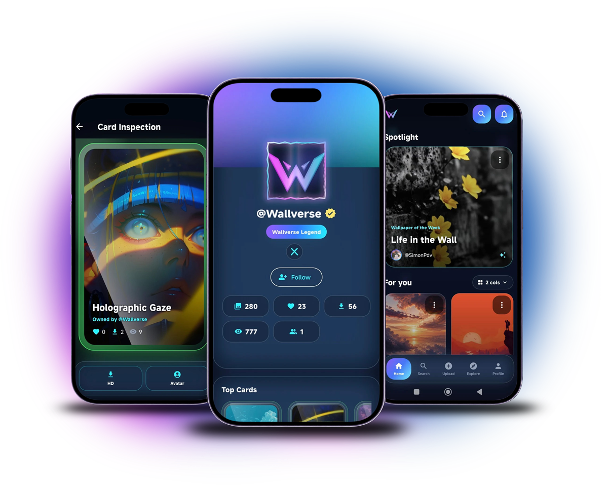 Wallverse Android app showing a collectible wallpaper, creator profile and home screen