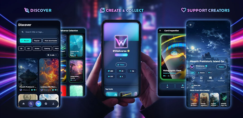 Wallverse Android app showing wallpaper discovery and profile screens